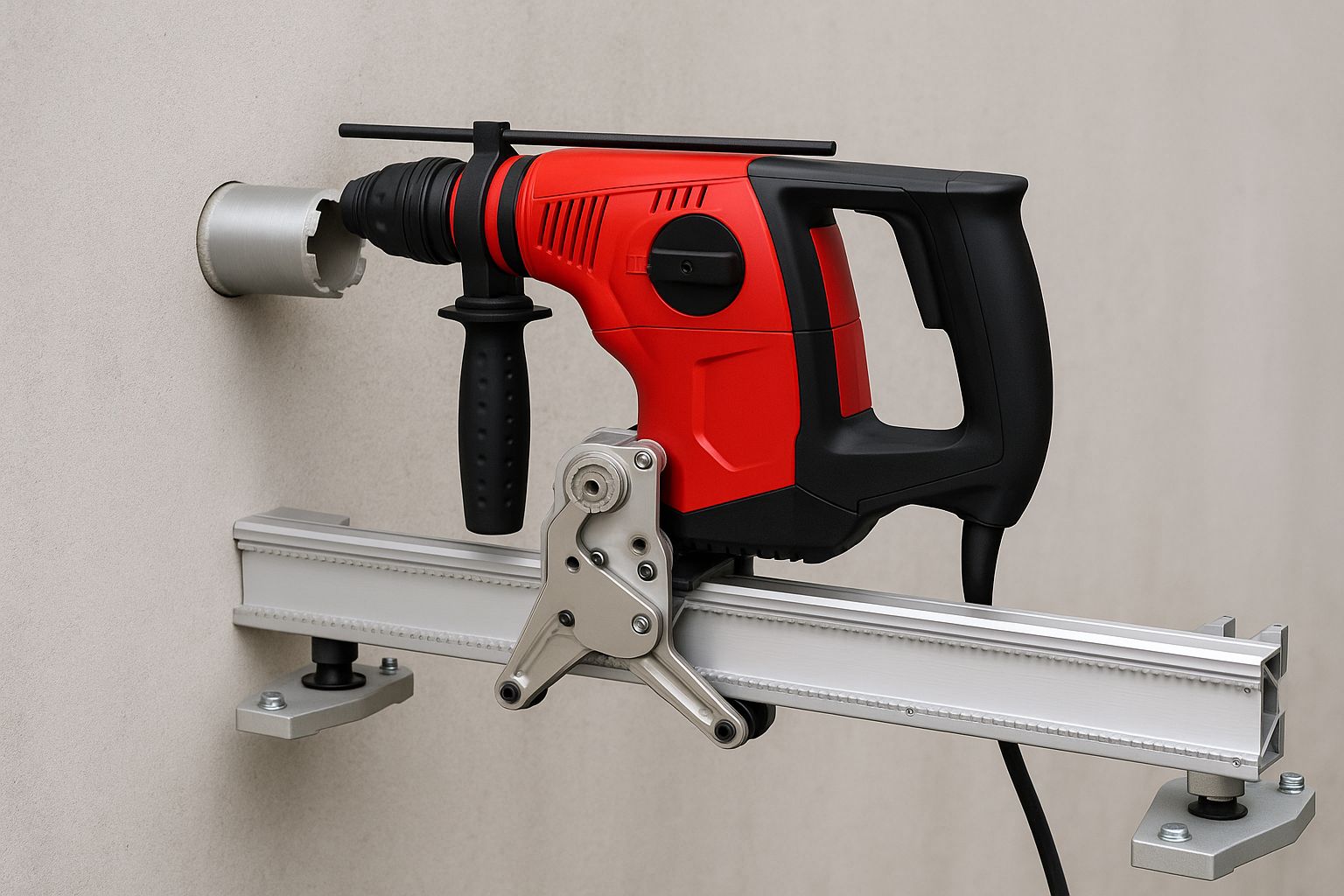 Diamantkjernebor lager et perfekt sirkulært hull i grå betongvegg.